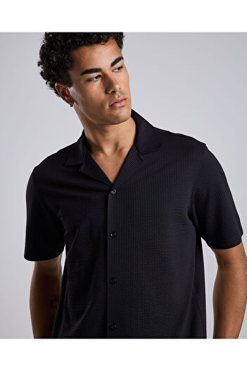 R&B Textured Shirt with Revere Collar and Short Sleeves