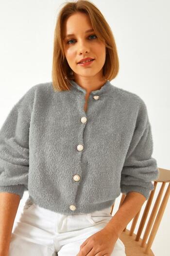 NATUFIAN STORE Women's Gray Pearl Buttoned Bearded Balloon Sleeve Women's Knitwear Soft Cardigan