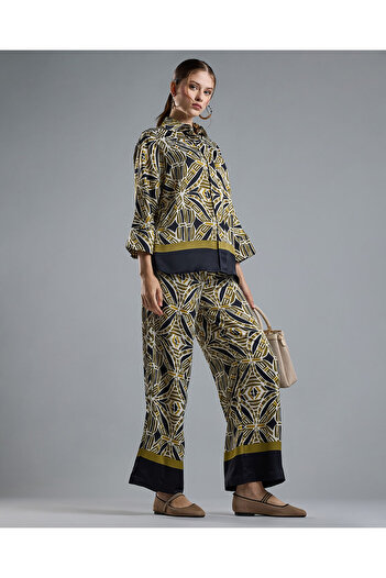 R&B Printed Wide Leg Pants with Drawstring Waist