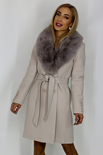 FashionForYou Exclusive wool coat, with fur collar and drawstring at the waist, Dusty white, 44