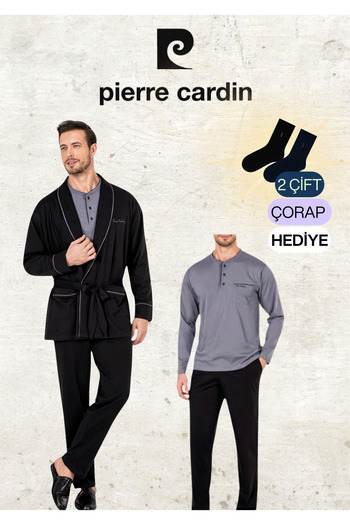 Pierre Cardin 100% Cotton Black Robdöşambr & Long Sleeve Combed Cotton Pajama Set (2 Gift Socks) Ol.Pc.5605.002