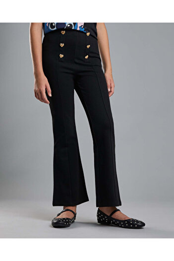R&B Button Detail Flared Pants with Elastic Waist
