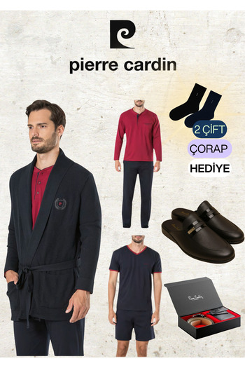 Pierre Cardin 5 Piece Knitwear Robdöşambr & Long Sleeve - Short Sleeve Combed Cotton Pajama Set & Leather Slippers & Belt Wallet Set