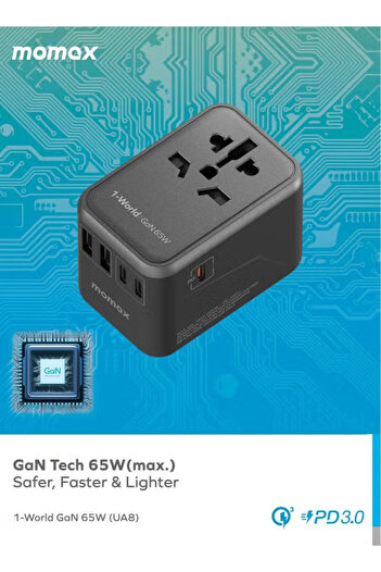 Momax TRAVEL ADAPTER UA8A 1-World 65W GaN 5 Ports + Multi Plug Travel Adapter - TITANIUM CHROMA