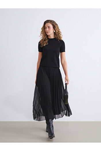 LC Waikiki Black Elastic Waist Pleated Skirt