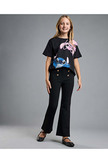 R&B Button Detail Flared Pants with Elastic Waist