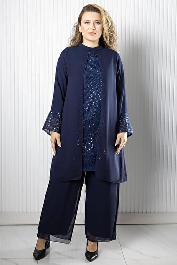 SUBU TASARIM Chiffon Sandy Stone Embroidered Plus Size Hijab Evening Dress Blouse Pants Suit Tbs962