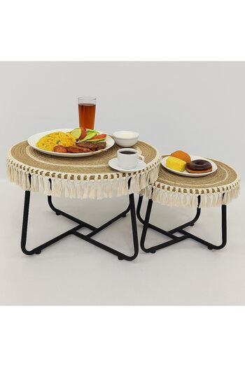genric FFD Set of 2 Jute Nesting Tables with Metal Frame – Boho Chic Coffee Tables, Natural Jute Top