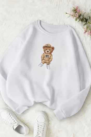 CLAYES Unisex White Nyc Teddy Bear Printed Crew Neck Sweatshirt - Winter Embossed Fabric