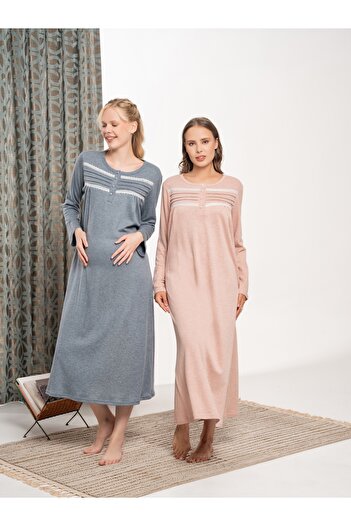 BLACKMORE Gray Melange Lace Detailed Cotton Oversized (Plus Size) Long Sleeve Nightdress