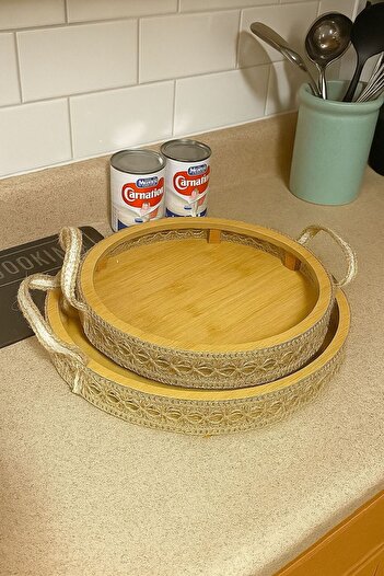 MOSTAFA Set of 2 round wooden trays with porcelain edges and a porcelain handle for serving food