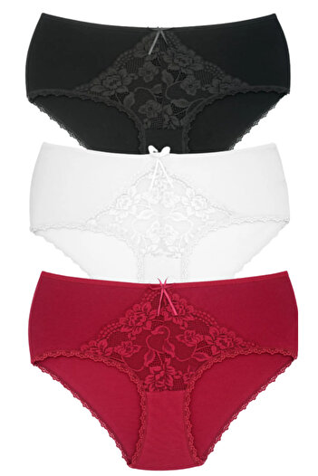 Bleu Petite 3-Piece Assortment Color Cotton Lace Detailed High Waist Large Size Women's Panties