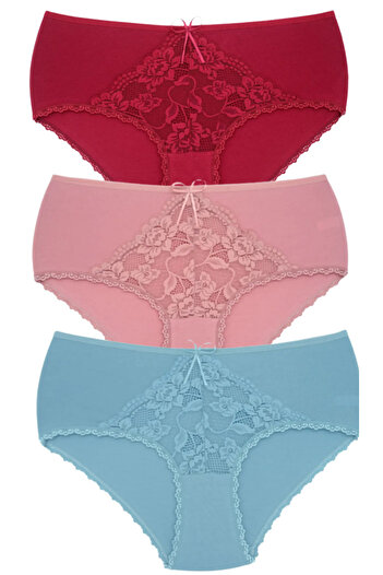 Bleu Petite 3-Piece Assortment Color Cotton Lace Detailed High Waist Large Size Women's Panties