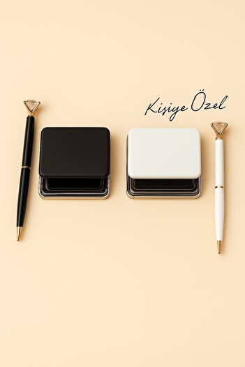 Halk Kitabevi Square Faux Leather Pocket Mirror and Stone Pen - Black and White Set of Two