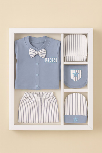 KapsülBebek 100% Organic Cotton 5-Piece Baby Boy Set – Striped Seasonal Newborn Set with Bow Tie