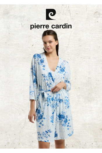 Loule Robă de damă, 3 piese, cu model de flori, albastru și curea de frânghie - Set pijamale cu pantaloni scurți OL.PC.8971.001