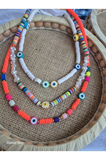 Pinkimaj 3Pcs Fimo Necklace Set Pearl Detailed Colorful Necklaces Summer Chirp