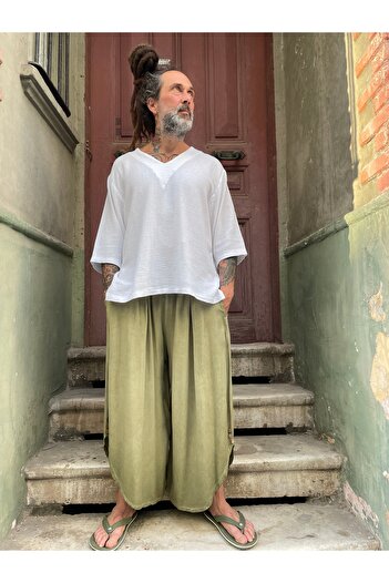 Bohoyasam Unisex Bol Paça Pantolon, Pamuklu Salaş Pantolon, Yazlık Rahat Pantolon, Bohem Kapri Pantolon