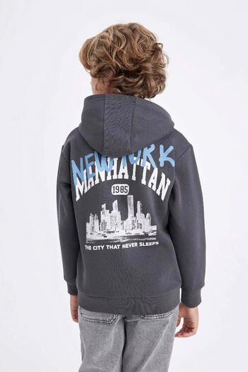 DeFacto Boy's Gray Hooded Pocket Back Printed Sweatshirt C9785A824Au