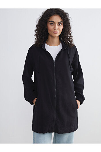 LC Waikiki Black Hooded Oversize Women's Zippered Sweatshirt