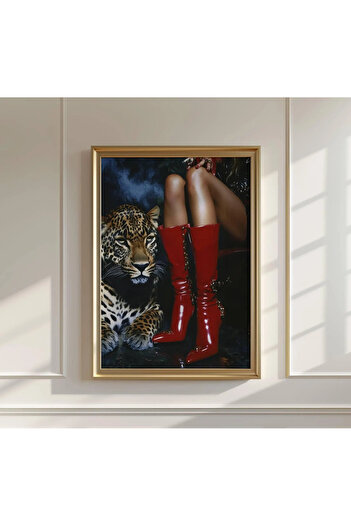 512 STORE Estetik Leopar Kırmızı Çizme Women Duvar Dekor Ev Ofis Tasarım Çerçevesiz Poster Modern