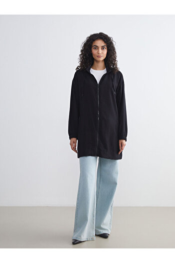 LC Waikiki Black Hooded Oversize Women's Zippered Sweatshirt