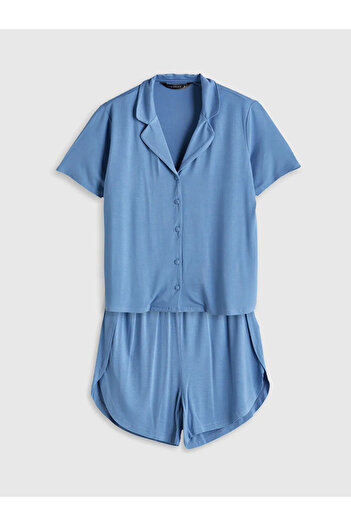 LC Waikiki Lcw Dreamblue Shirt Collar Women's Pajama Set with Shorts