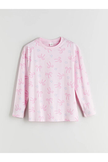 LC Waikiki LCW KidsPembe Bisiklet Yaka Fiyonk Desenli Kız Çocuk Pijama Takımı