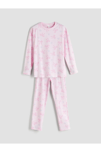 LC Waikiki LCW KidsPembe Bisiklet Yaka Fiyonk Desenli Kız Çocuk Pijama Takımı