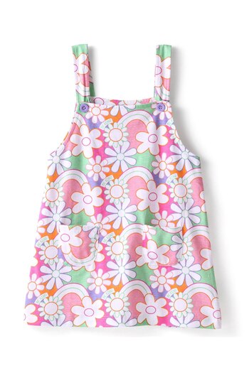 Babyhug 100% Cotton Knit Floral Print Frock with Short Sleeves Inner Tee - Multicolor