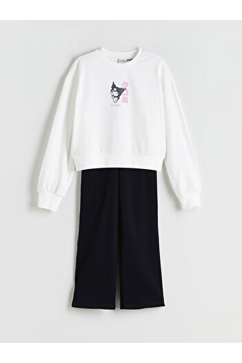 LC Waikiki Ecru Crew Neck Printed Girl's Suit