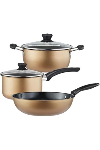 Generic 3-Piece Non-Stick Cooking Pot Set | Multi-Use Golden Cooking Pots with Glass Lids | Suitable for All