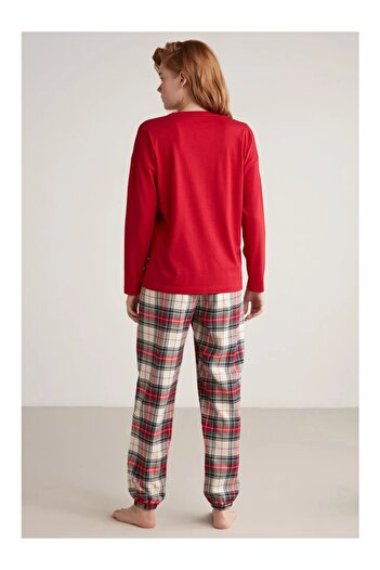 YUYİ Nautlca Circle Neck Long Sleeve Six Plaid Soft Textured Fabric Women's Pajama Set