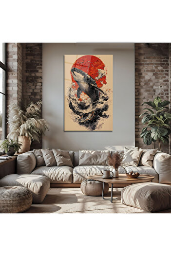 BestSanat Balina ve Kırmızı Güneş Japon Dalga Stili Cam Tablo