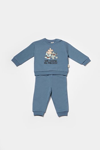 Magu Baby Boy Cotton Blue Puzzle Patterned Tracksuit Set - Long Sleeve Sweatshirt and Pocket Detailed Trousers
