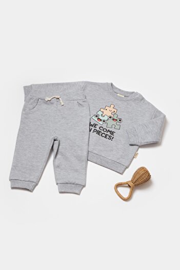 Magu Unisex Baby Cotton Gray Puzzle Printed Double Set