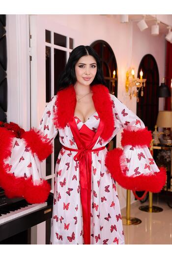 Limas lingerie Red Butterfly Patterned Feather Detailed 2-Piece Long Satin Dressing Gown