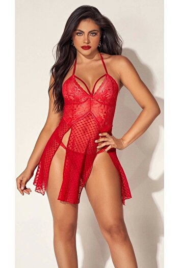 Vintora For Dreams 8604 Red Lace Halter Neck Women's Nightgown Set
