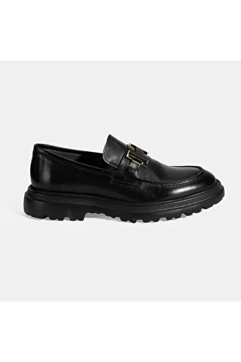 Desa Men's Black Metal Buckle Detailed Leather Loafer