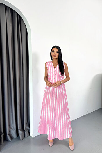 fh fashionhere Linen Striped Vest - Long Skirt Suit - Pink