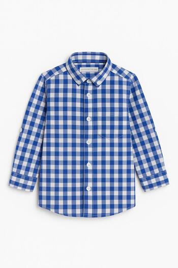 Magu Boy's Blue and White Checkered Long Sleeve Cotton Shirt – Buttoned with Pocket