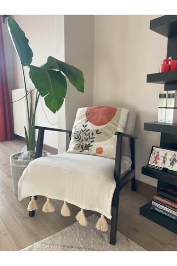 Divanest Tasseled Double Layer Wrinkle-Free Muslin Fabric Soft Sofa Cover Ecru (70X90Cm for Single Sofa)