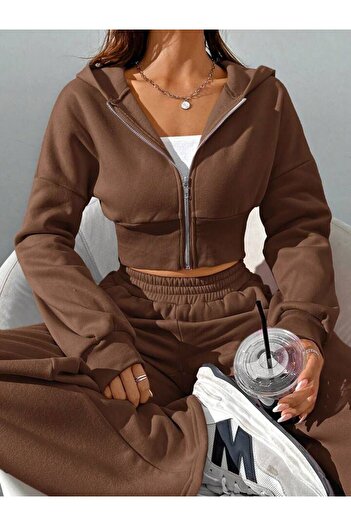 LOUİSA Women's Zip Hooded Brown Crop Cardigan-Loose Fit Tracksuit Set