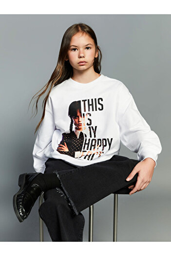 LC Waikiki Crew Neck Wednesday Printed Girl's Sweatshirt