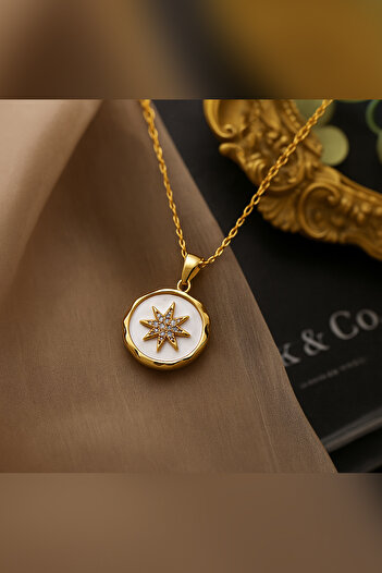 The Collection Polar Star Steel Necklace Tarnish Free Gold Zircon Stone Steel Necklace