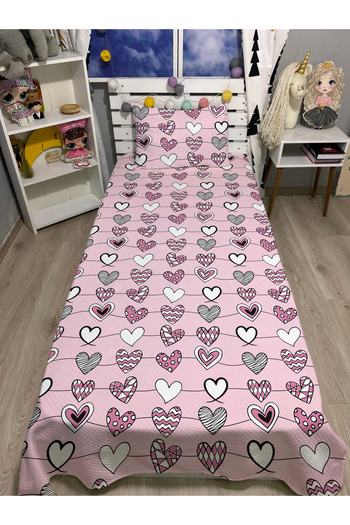 yok yok evim eve dair her şey Pink Floor Hearts Patterned Baby Kids Single Pique and Pillowcase Bedspread Set