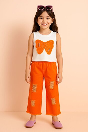 KOKOŞ BEBEK Girl's Butterfly Patterned Denim 2-Piece Set |   3-14 Years