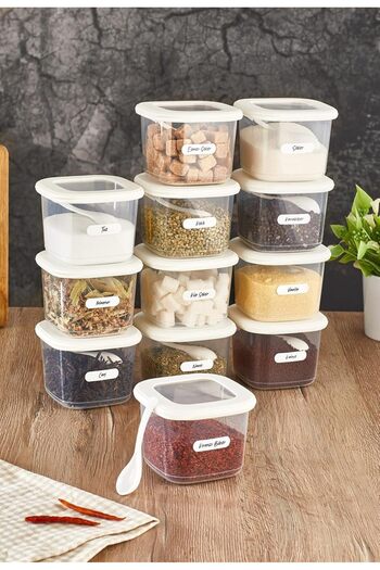 STOREMAX Polysight Foly Set of 12 Small Size 0.55 Liter Square Food Storage Containers with Labels and Spoons White Trendza