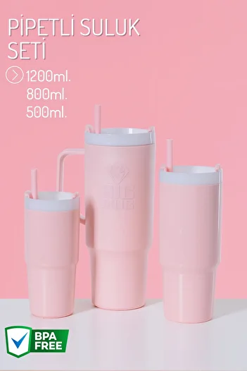 NY HOME 3 Size Water Bottle Set with Straw Pink
