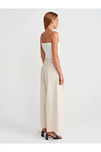 Dilvin 71634 Pleated Wide Leg Trousers-Ecru